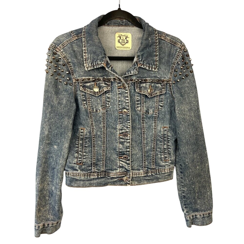 Studded Spikes Acid Wash Denim Cropped Jean Jacket‎ Size L Punk Streetwear Edgy